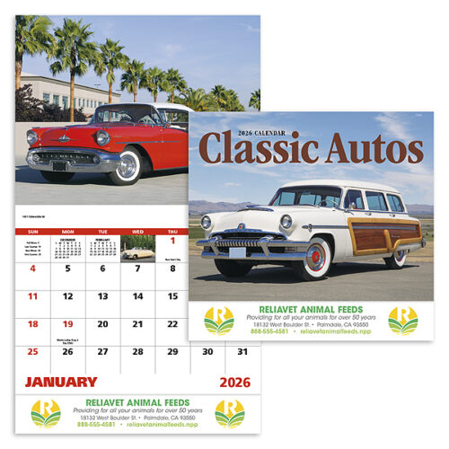 Classic Autos 13 Month Stapled Calendar